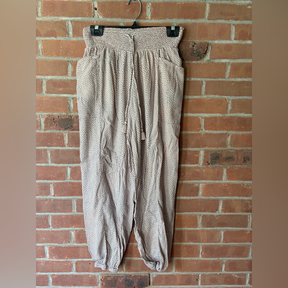 Aerie Pink Boho Harem Polka-dot Pull-on Lightweight Pants w Pockets